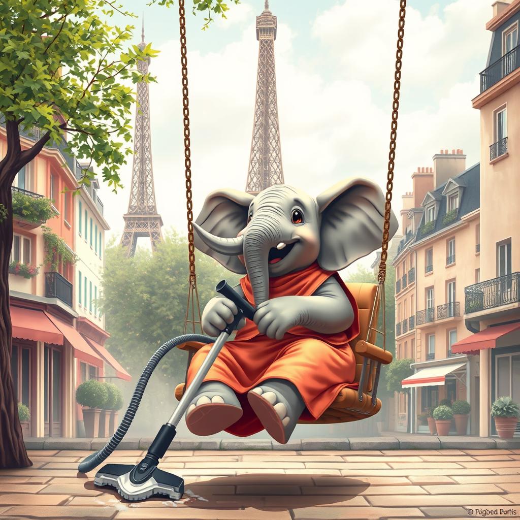 A charming scene of an Arab elephant joyfully sitting in a swing chair, using a vacuum cleaner to clean around