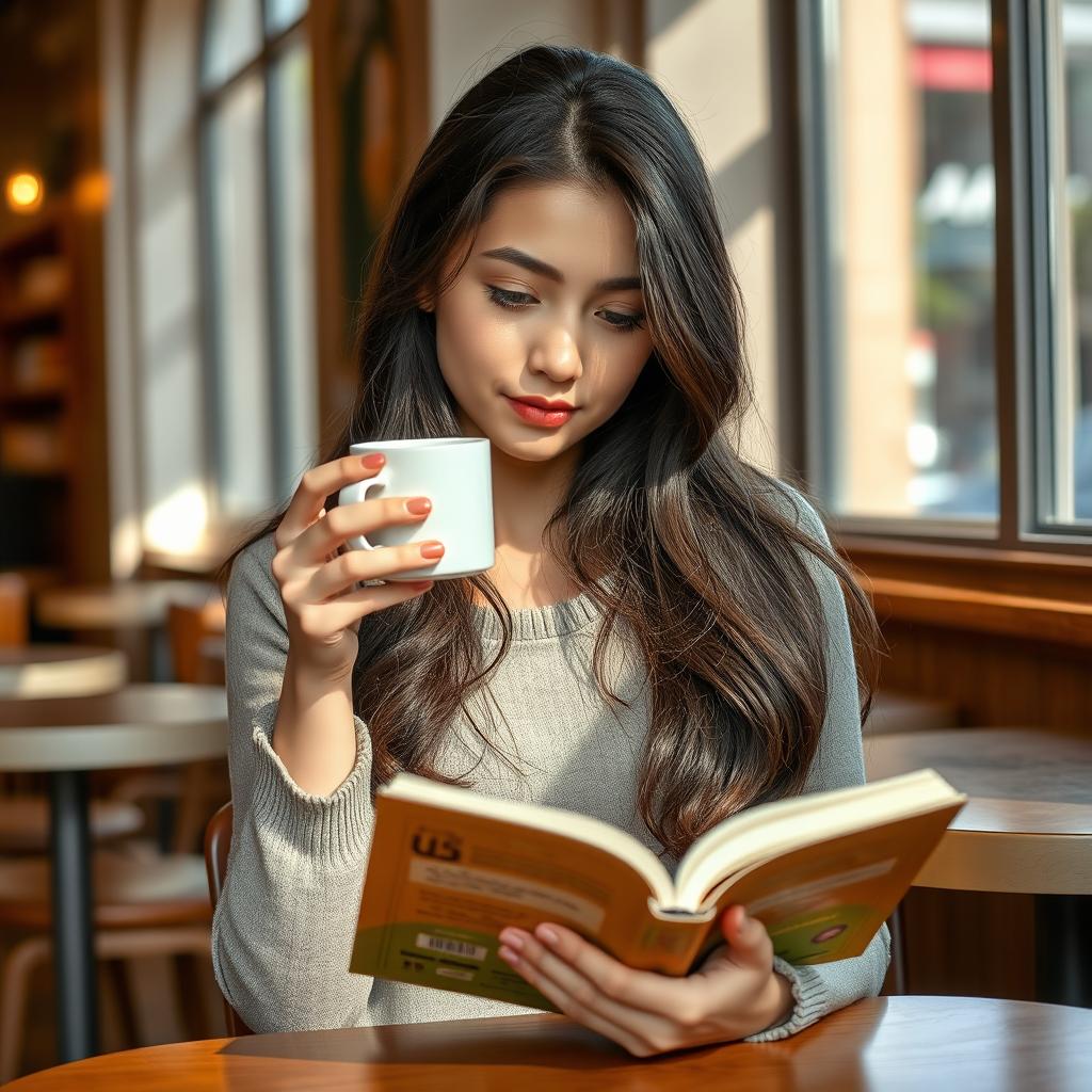 A pretty young brunette student sitting in a cozy café, savoring a cup of coffee while reading a book