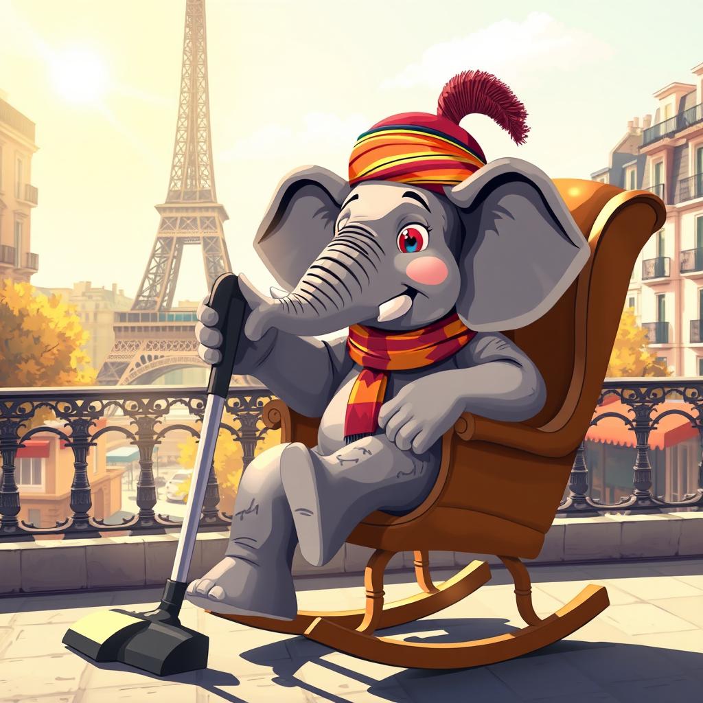 A whimsical scene of an Arab elephant sitting comfortably in a stylish rocking chair, enthusiastically using a vacuum cleaner to tidy up its surroundings