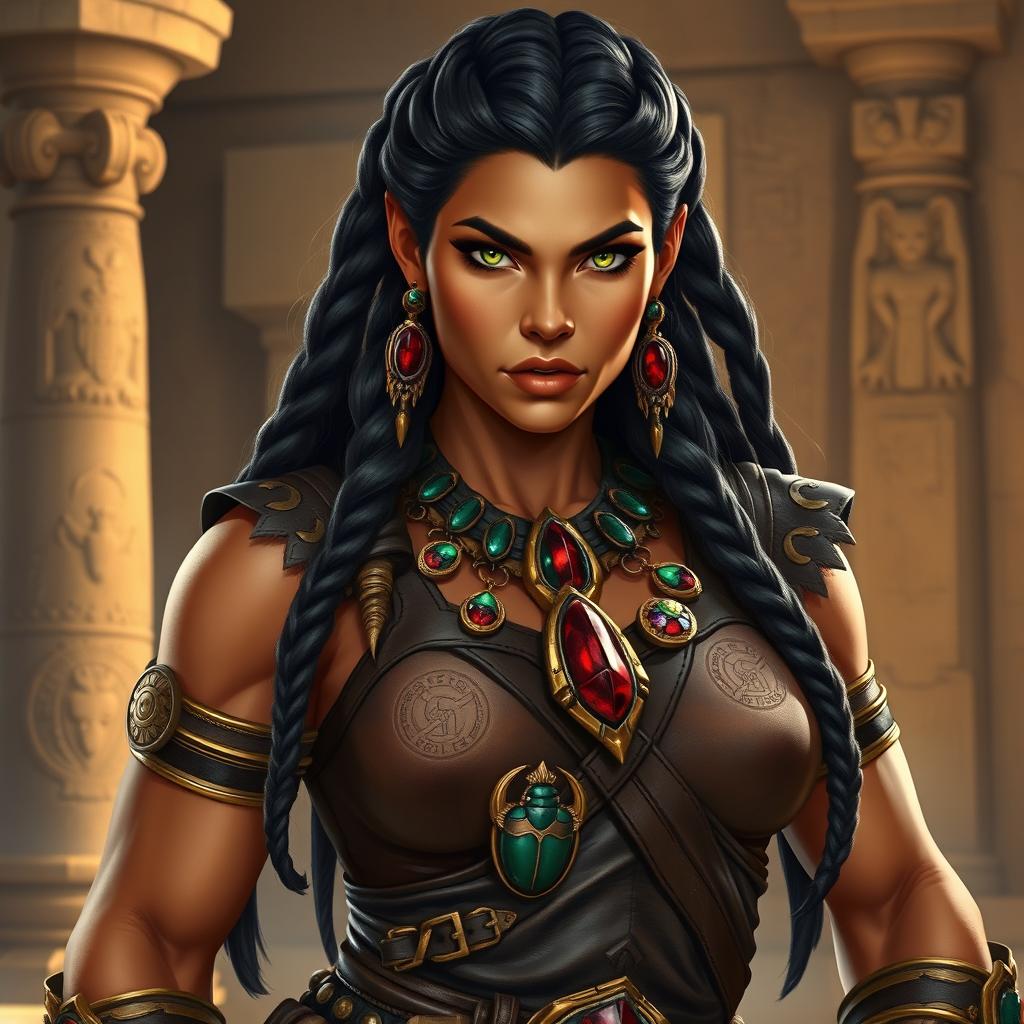 A powerful woman with dwarven features, adorned with intricate scarab jewelry