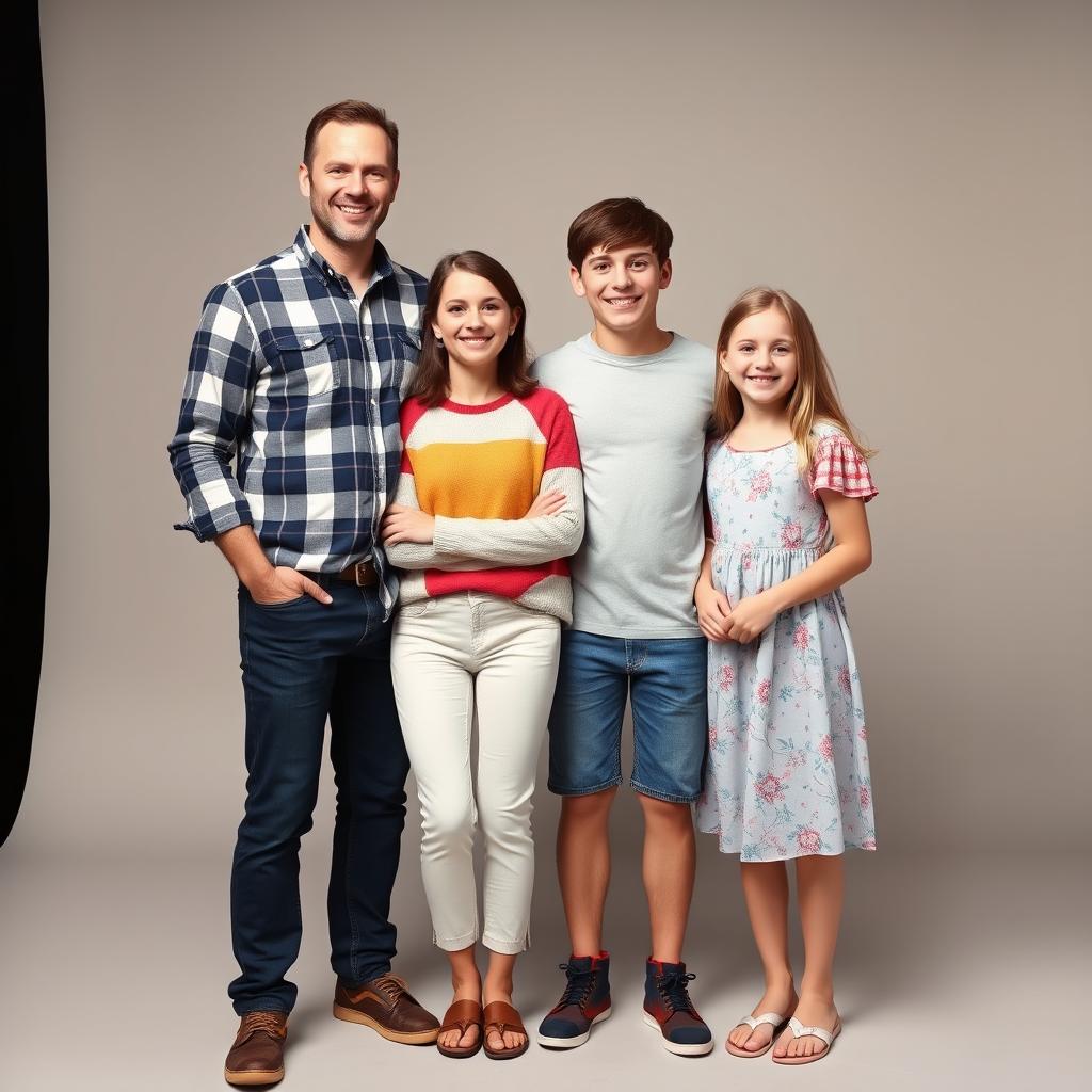 A family portrait taken in a professional studio with a plain, neutral background