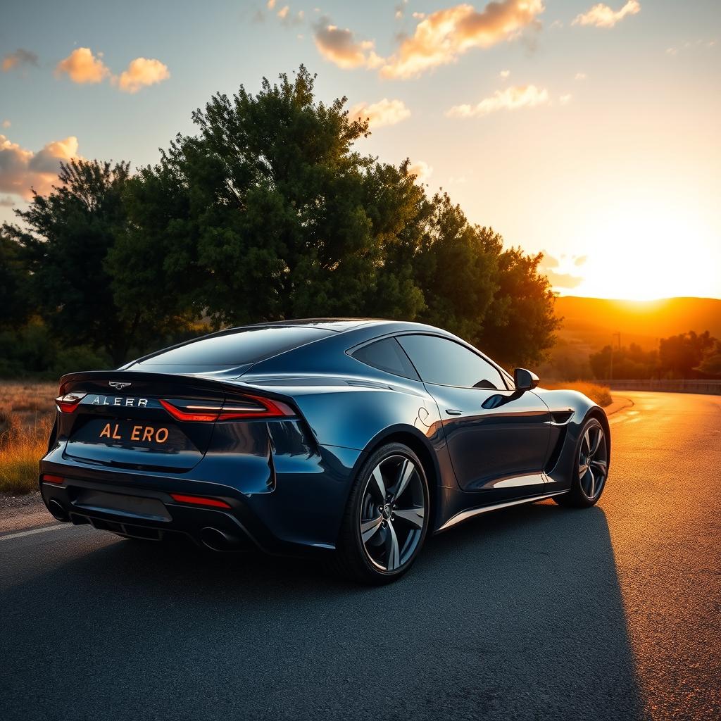 A glossy, sleek automotive design of an Alero car parked on a scenic road