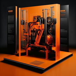 Create a catalog design showcasing machinery and lifting equipment for the company 'OZKAR MAKINA', utilizing a color scheme of orange and black. The designs should embody the theme of sophisticated machinery and reliable lifting solutions.