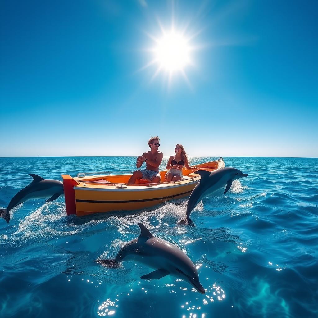 A vibrant scene of a couple sailing a boat on the open water, surrounded by playful dolphins leaping out of the crystal-clear blue waves