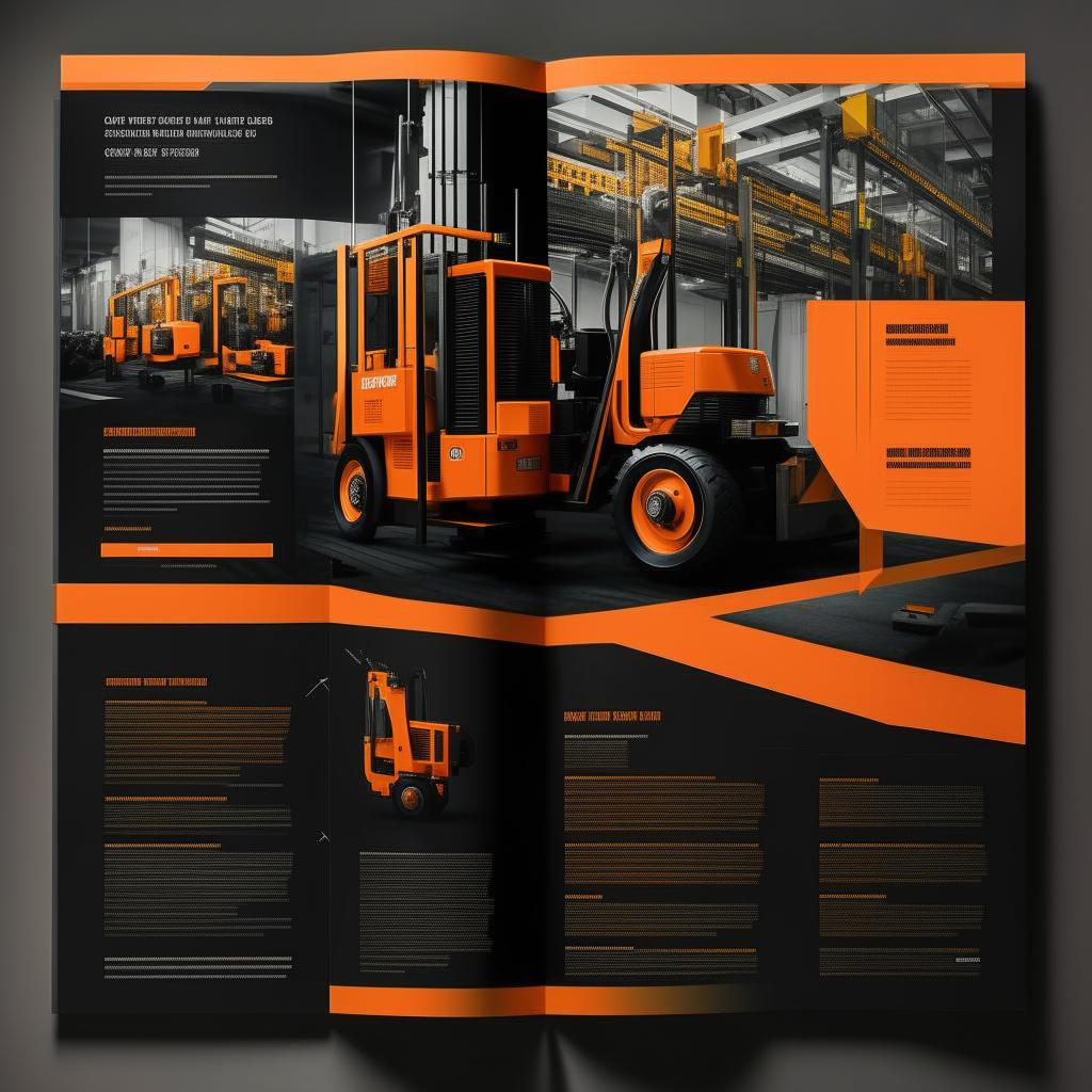 Create a catalog design showcasing machinery and lifting equipment for the company 'OZKAR MAKINA', utilizing a color scheme of orange and black. The designs should embody the theme of sophisticated machinery and reliable lifting solutions.