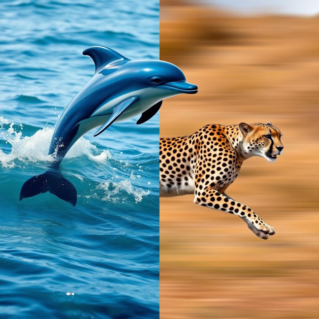A realistic collage featuring an AI-generated dolphin and a sleek cheetah