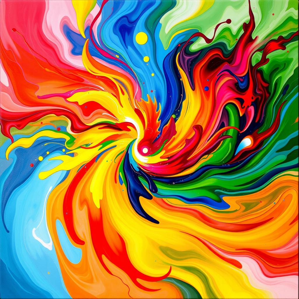 An abstract artwork featuring a vibrant explosion of colors, swirling together in a dynamic and energetic composition
