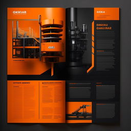 Create a catalog design showcasing machinery and lifting equipment for the company 'OZKAR MAKINA', utilizing a color scheme of orange and black. The designs should embody the theme of sophisticated machinery and reliable lifting solutions.