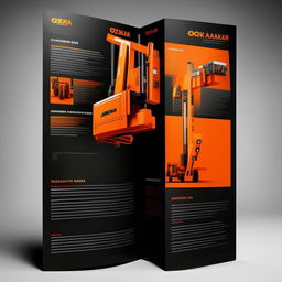 Create a catalog design showcasing machinery and lifting equipment for the company 'OZKAR MAKINA', utilizing a color scheme of orange and black. The designs should embody the theme of sophisticated machinery and reliable lifting solutions.