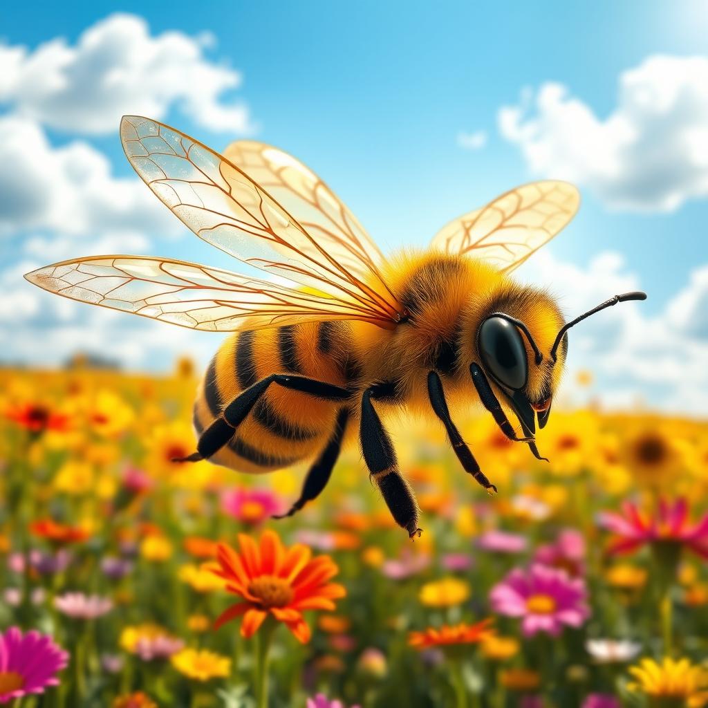 A high-energy graphic representation of a bee, detailed with vivid yellow and black stripes, large, transparent wings catching the sunlight, and intricate patterns on its body