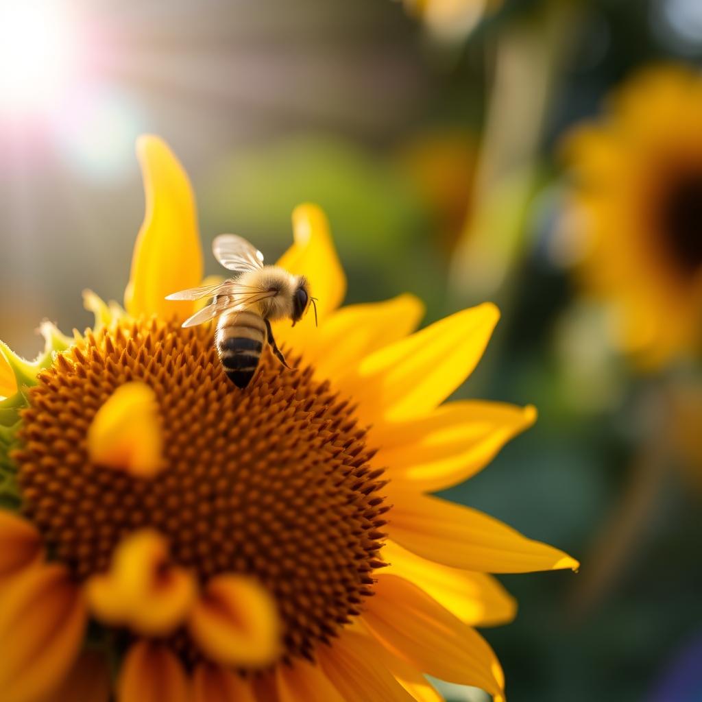 A serene, close-up view of a busy honeybee landing on a vibrant sunflower, showcasing the intricate details of the bee's body and the delicate petals of the flower