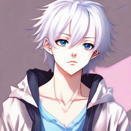 Present a bad-boy style anime twink with a feminine body, medium length white hair, eyebrows, lashes, and slender skin. Feature a harmonious face with sharp Korean-style blue eyes accented with pink at the corners. He has no muscles and is seen neutrally looking in another direction.