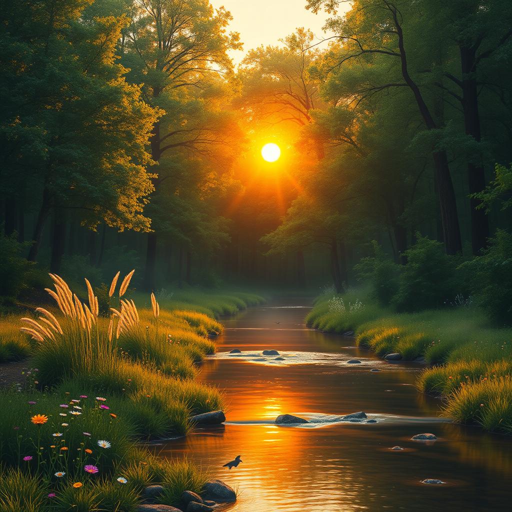 A clear and vibrant depiction of a tranquil forest scene during the golden hour