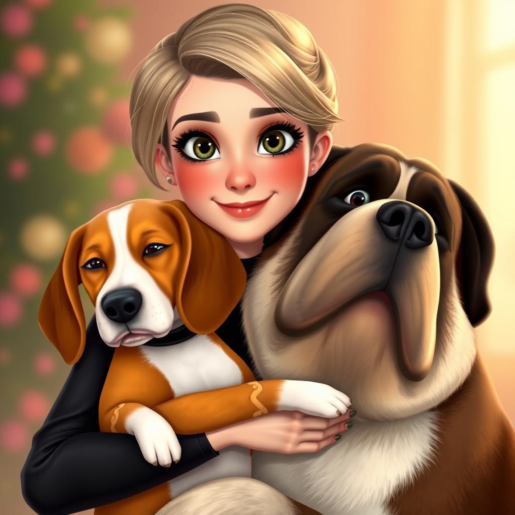 A Disney Pixar style image featuring a 24-year-old young woman wearing chic and elegant black clothing