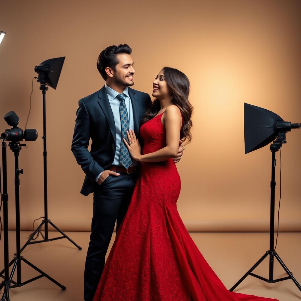 A couple posing together in a stylish studio photoshoot, dressed in elegant fashion