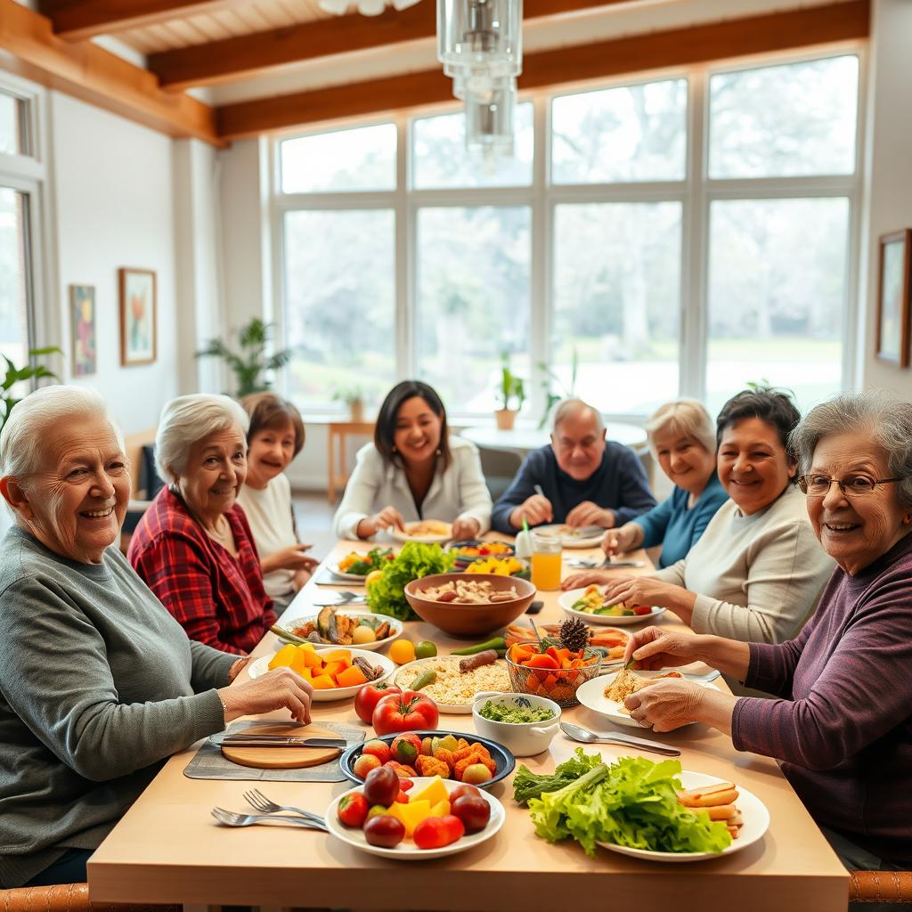 An inviting and warm daycare setting filled with elderly individuals happily enjoying healthy meals together