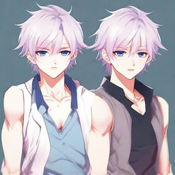 Present a bad-boy style anime twink with a feminine body, medium length white hair, eyebrows, lashes, and slender skin. Feature a harmonious face with sharp Korean-style blue eyes accented with pink at the corners. He has no muscles and is seen neutrally looking in another direction.