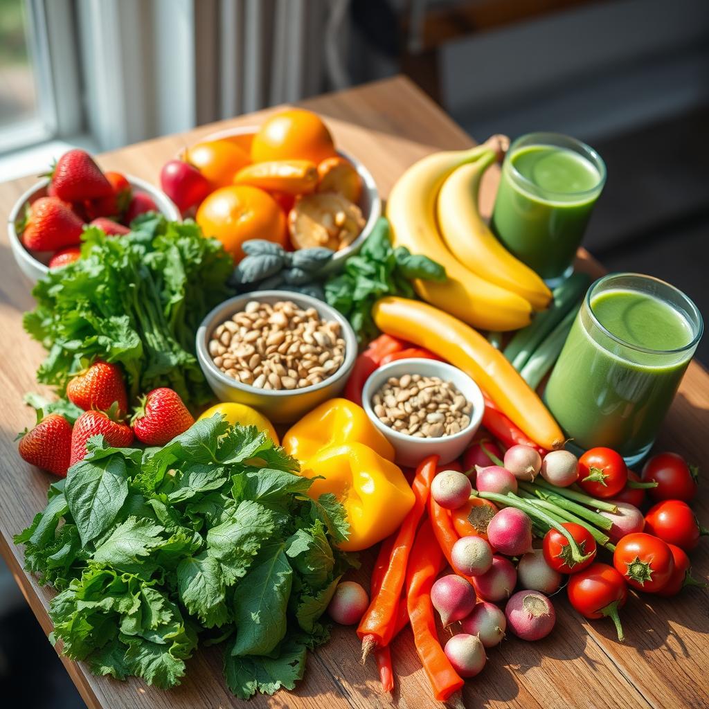 A vibrant and colorful assortment of healthy foods arranged beautifully on a wooden table