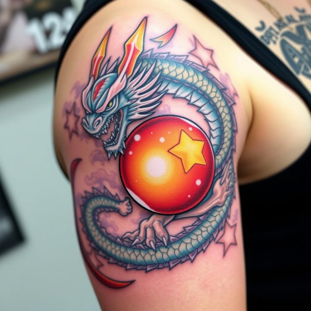 A detailed dragon ball tattoo design featuring a powerful, mythical dragon intertwining with the iconic Dragon Balls