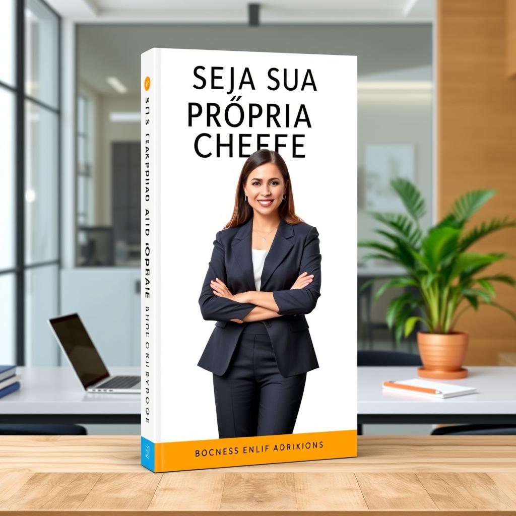 A stylish e-book cover featuring a professional woman confidently standing in a modern office environment