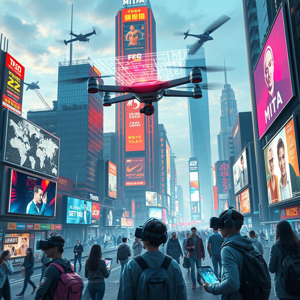 A futuristic media landscape showcasing various forms of digital communication and entertainment