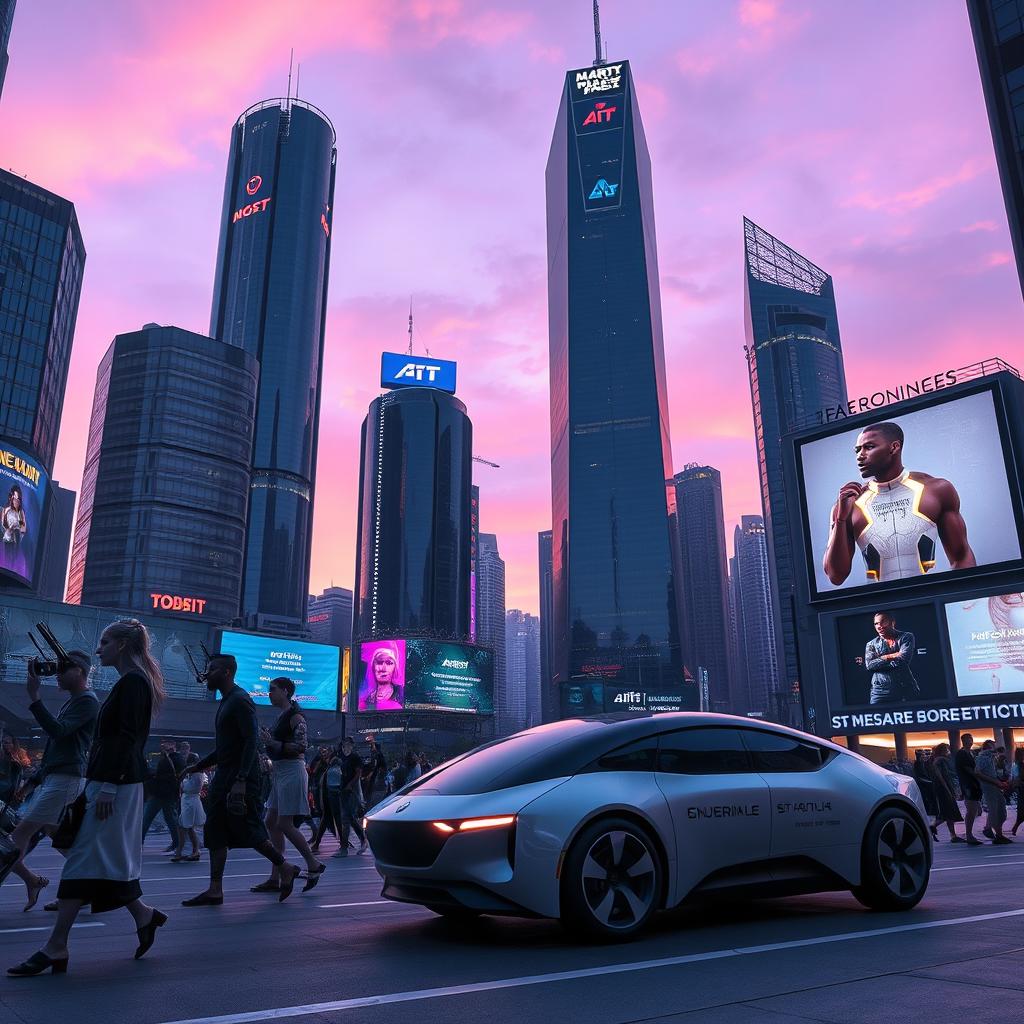 A futuristic cityscape at dusk, showcasing towering skyscrapers with vibrant neon lights illuminating the streets below
