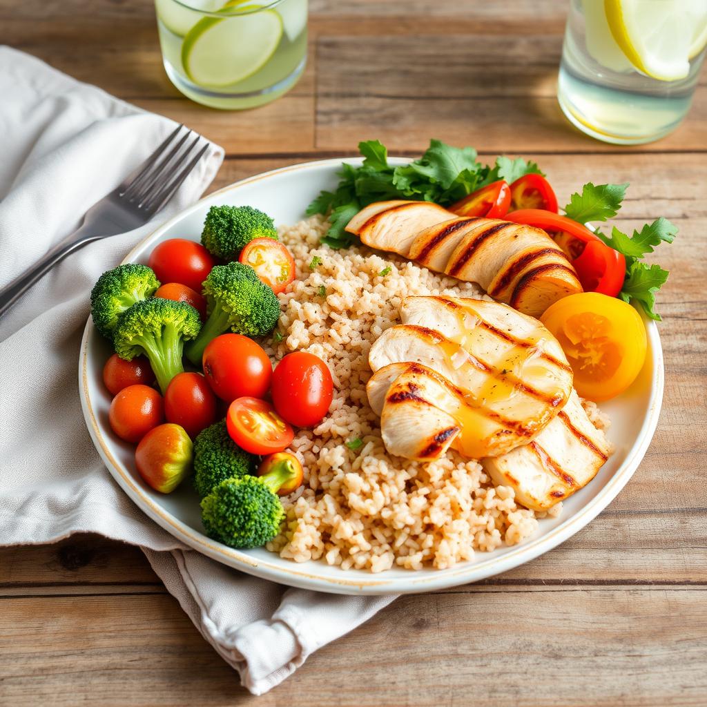 A beautifully arranged healthy lunch plate featuring a generous serving of brown rice as the main component