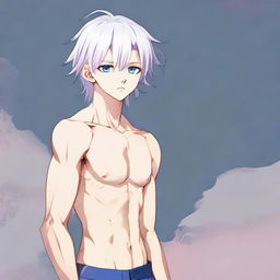 Present a bad-boy style anime twink with a feminine body, medium length white hair, eyebrows, lashes, and slender skin. Feature a harmonious face with sharp Korean-style blue eyes accented with pink at the corners. He has no muscles and is seen neutrally looking in another direction.