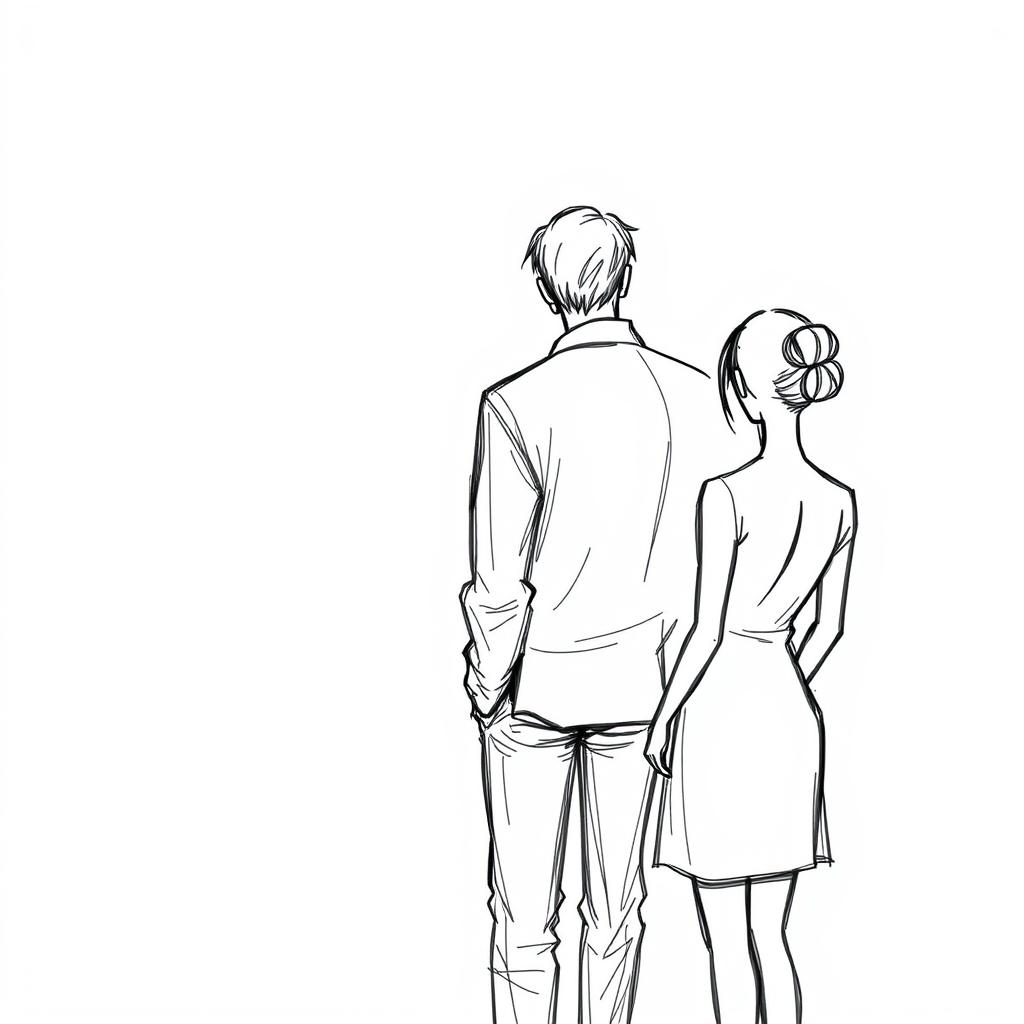 A man standing, viewed from behind, gazing at a woman who is also standing in front of him, viewed from behind