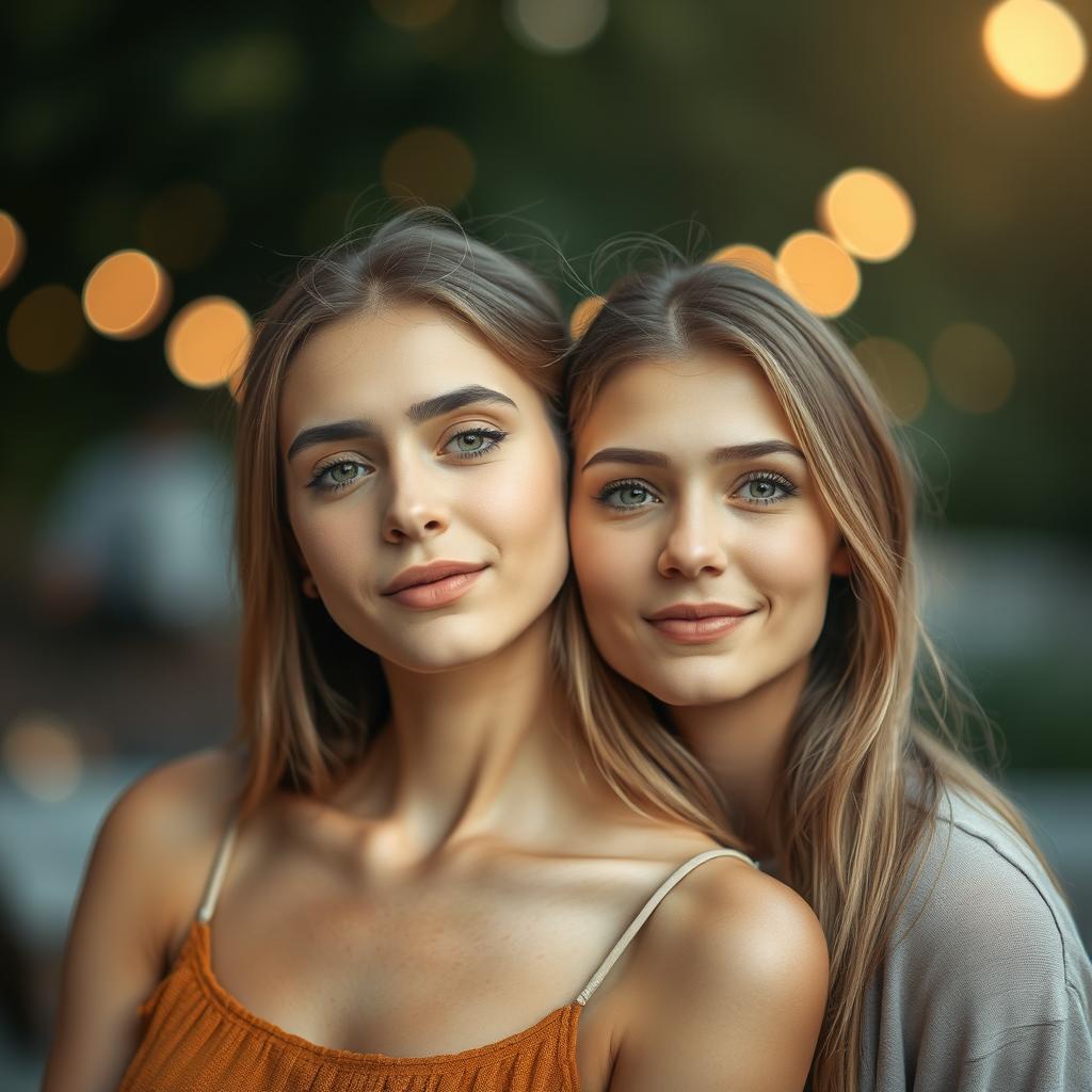A serene portrait of two individuals, both with slightly paler skin tones, exuding tranquility and charm