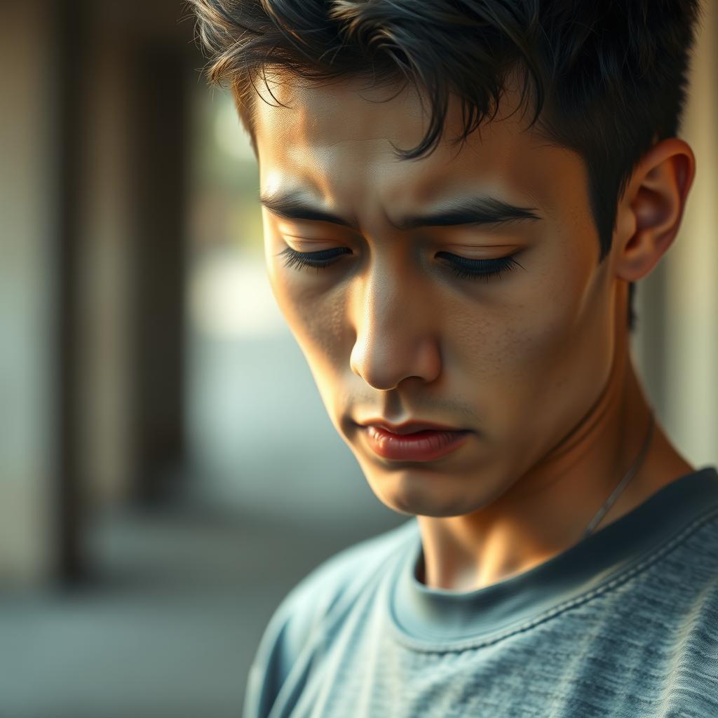 A realistic portrait of a young man standing, with an expression of profound emotion as he gazes towards the ground in sadness