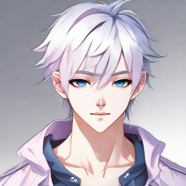 Present a bad-boy style anime twink with a feminine body, medium length white hair, eyebrows, lashes, and slender skin. Feature a harmonious face with sharp Korean-style blue eyes accented with pink at the corners. He has no muscles and is seen neutrally looking in another direction.