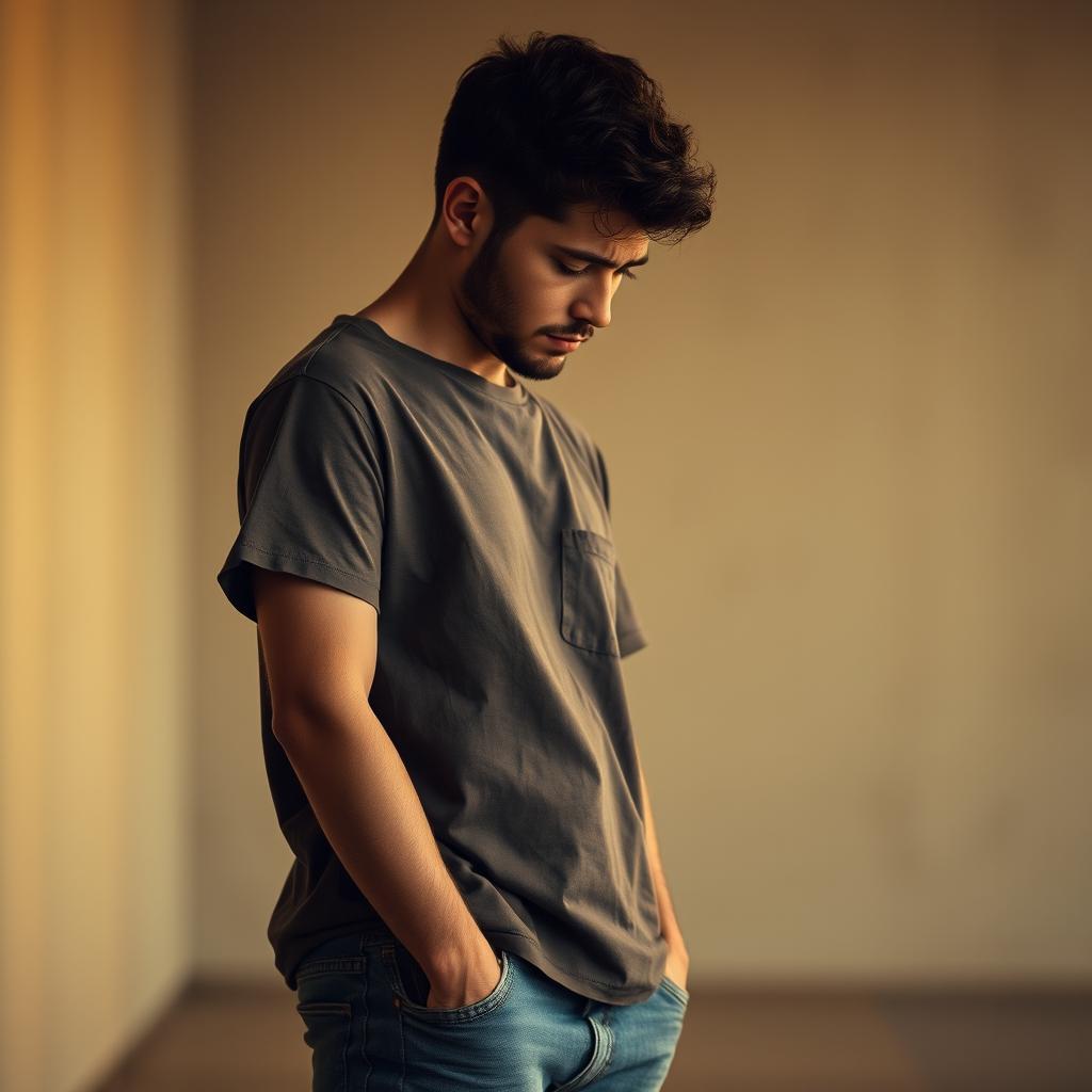 A realistic full-body portrait of a young man standing with a deeply emotional expression, showcasing a moment of sadness and reflection
