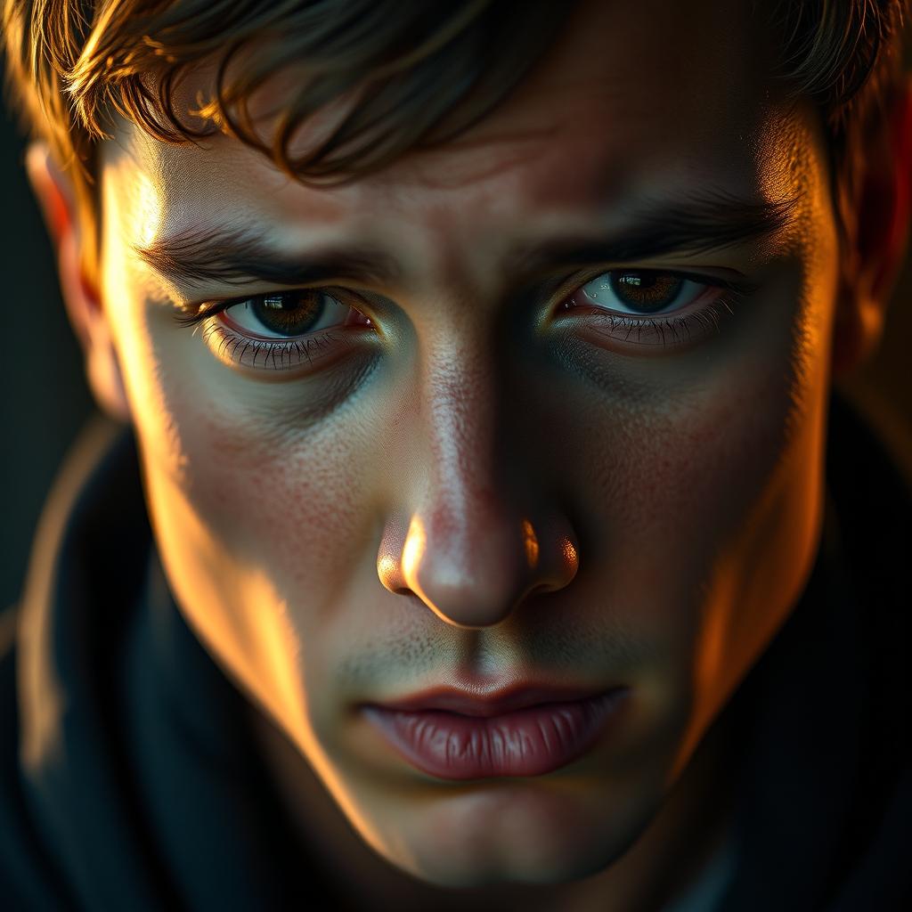 A close-up, realistic portrait of a young man, his face clearly visible and conveying deep emotion