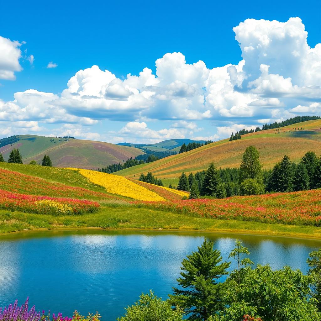 A beautiful landscape background with rolling hills, vibrant wildflowers in various colors, and a clear blue sky with fluffy white clouds