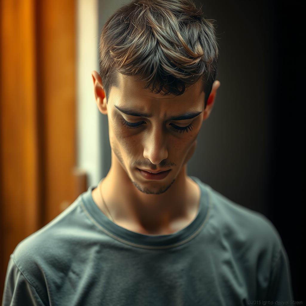 A realistic full-body portrait of a young man standing with an expression of deep emotional sorrow