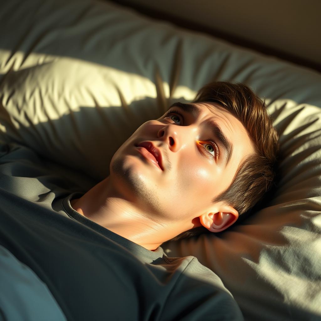 A realistic scene of a young man lying on a bed with a profound expression of sadness and contemplation