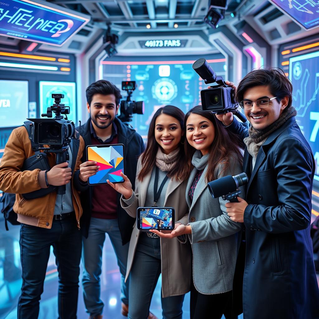An incredible, realistic, futuristic, and technological scene featuring a media team posing for a photo, all smiling
