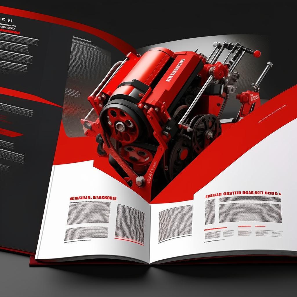 Develop a catalog design for OZKAR MAKINA company, emphasizing on machinery and lifting equipment. The dominant colors should be red and black, portraying the robust and industrious nature of their products.