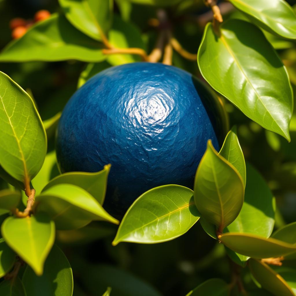 A vibrant scene featuring a large, juicy orange replaced with a deep navy blue fruit, surrounded by lush green leaves