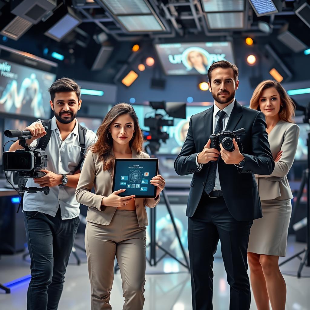 An incredible, realistic, futuristic, and technological scene depicting a successful media team posing for a professional photo