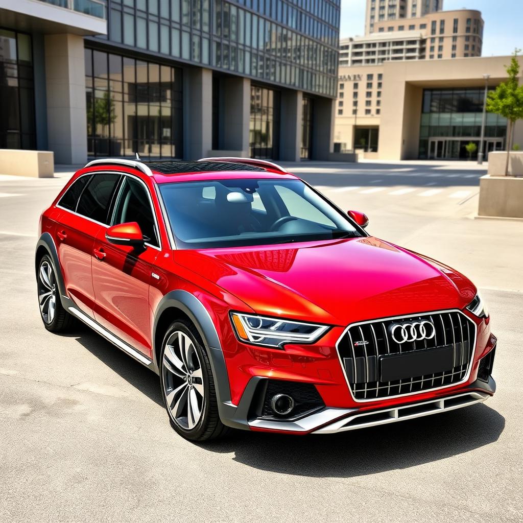An eye-catching Audi A6 Allroad C8 wrapped in vibrant red chrome vinyl, complemented by sleek black trims on the body