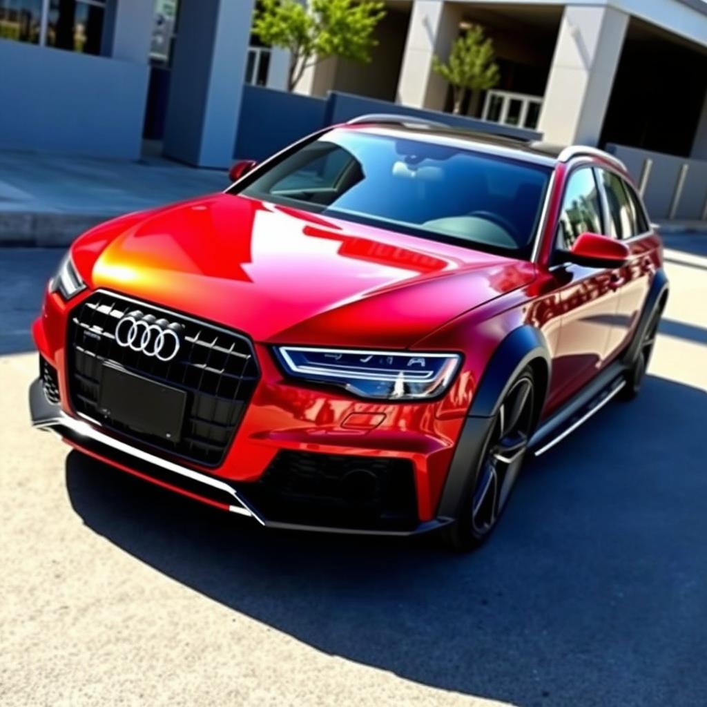 An Audi A6 Allroad C8 featuring RS style bumpers, wrapped in striking red chrome vinyl, complemented by sleek black trims