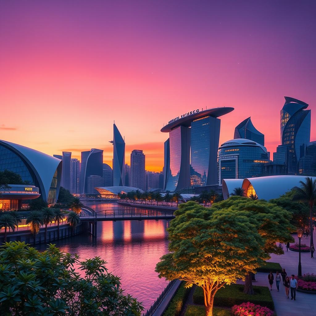 A stunning futuristic city skyline at dusk with a blend of modern architecture and lush greenery