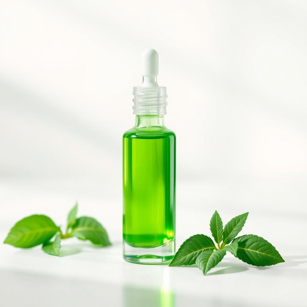 A vibrant green gum preservative displayed artistically, featuring its clear liquid texture contained in a sleek, modern bottle with a dropper