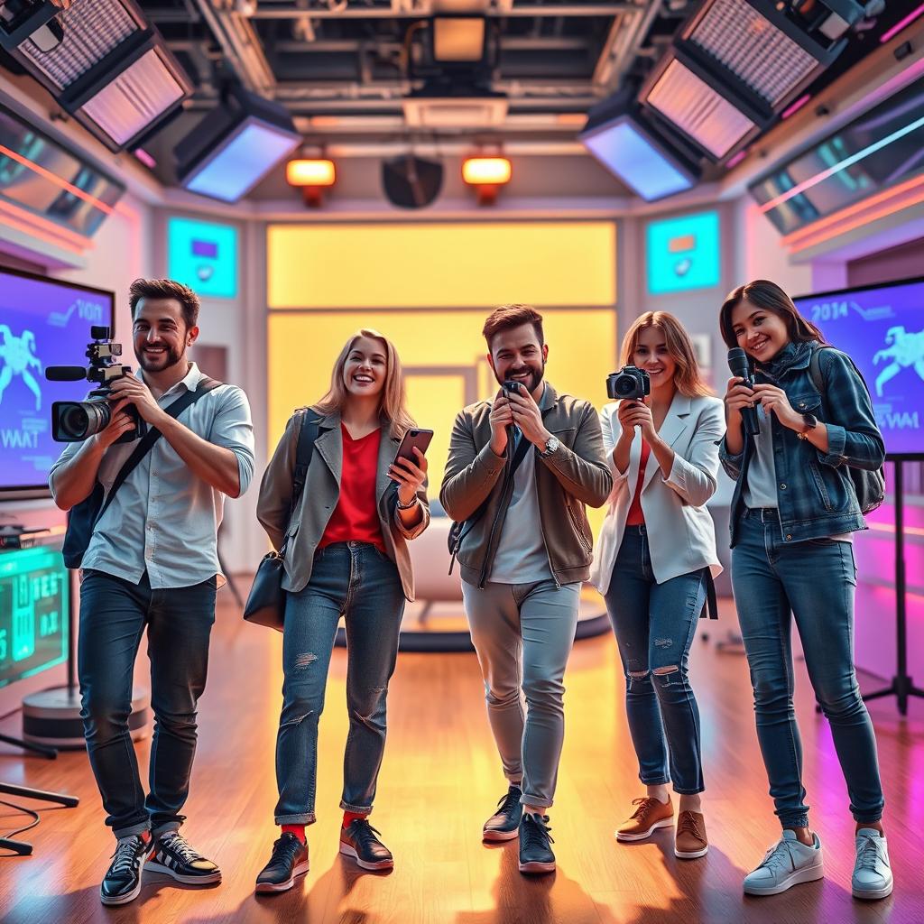 An incredible, realistic, futuristic, and technological scene showcasing a media team in a relaxed and fun atmosphere