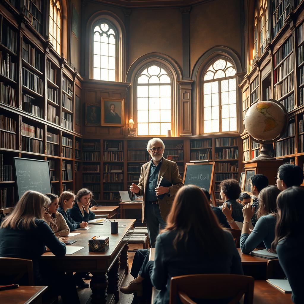 A scene inside a grand library filled with towering bookshelves, where a distinguished professor with gray hair and glasses is passionately teaching a diverse group of engaged students