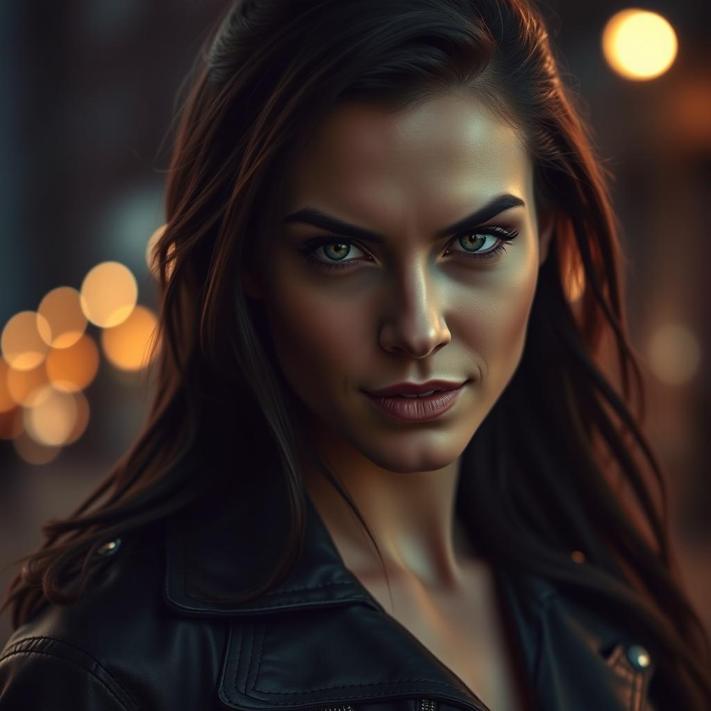 A close-up portrait of a confident, empowered woman with striking features, illuminated by soft, ambient lighting