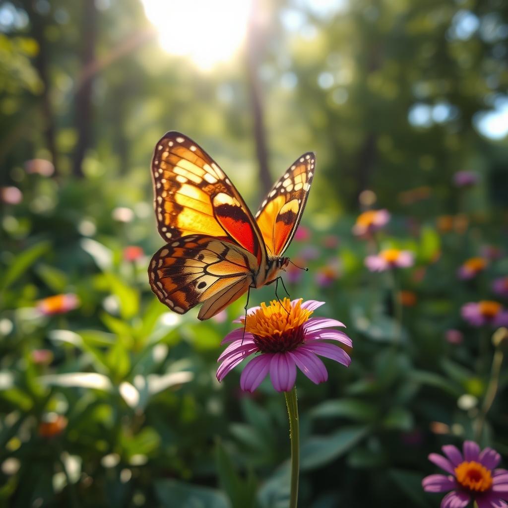 A realistic butterfly perched delicately on a vibrant flower in a lush, natural setting