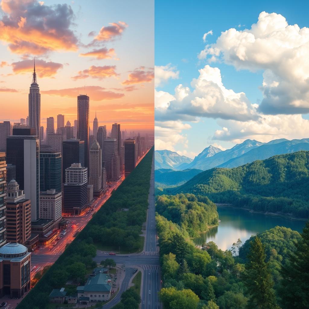 A stunningly realistic blend of two distinct environments: on one side, a bustling cityscape filled with modern skyscrapers and vibrant street life, illuminated by the warm glow of sunset colors